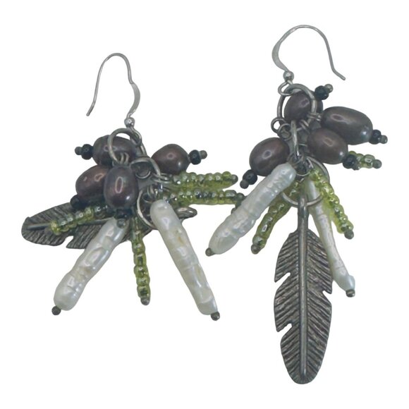 Sterling Genuine Pearl Dangle Earrings Biwa Pearls Feather Detail Beautiful Fun - Picture 5 of 7